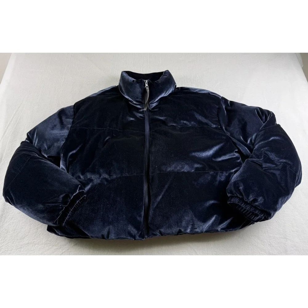 Fabletics Wander Velour Cropped Puffer Jacket Navy Blue Size M